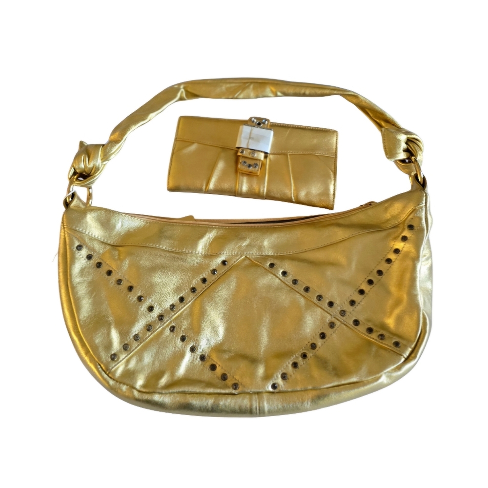 NEW THE FIND Handbag Gold Metallic Leather Shoulder Purse AND Matching Wallet